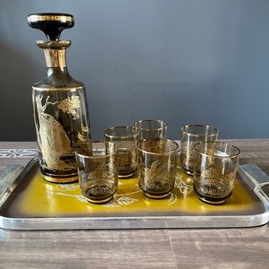 Dark Glass Decanter with 6 Glasses. Gold Bear and Tree Design.